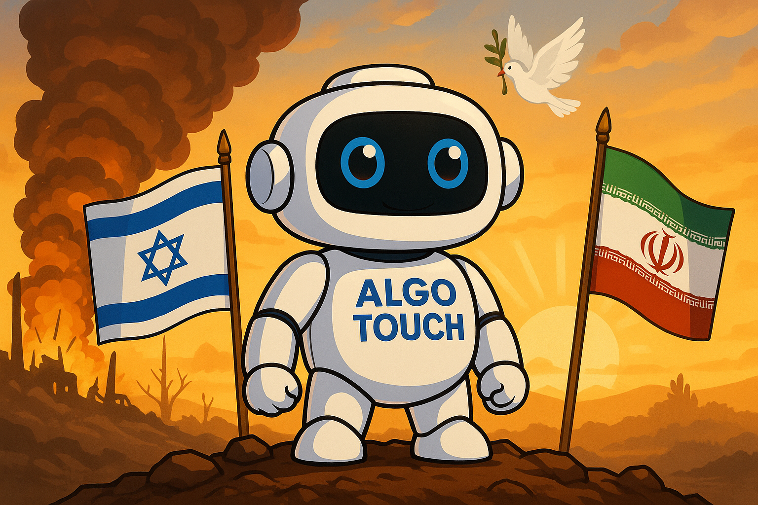 השפעת המלחמה על שוק ההון האמריקאי - רובוט AlgoTouch עומד בין דגלי ישראל ואיראן ומסמל הפסקת אש